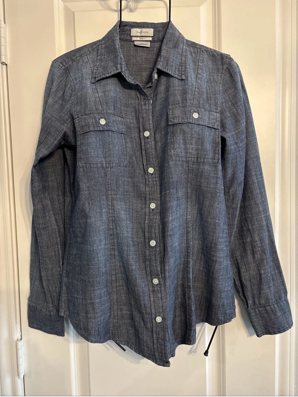Women’s Long Sleeve Blue Chambray Button-Up Cotton Shirt by Van Heusen. Medium